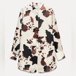 Zara Animal Print Button Up Blouse with Black Slit